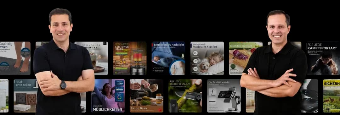 Geschäftsführer der Amazon-Agentur Visual Conversion vor einer Collage erfolgreicher Kundenprojekte