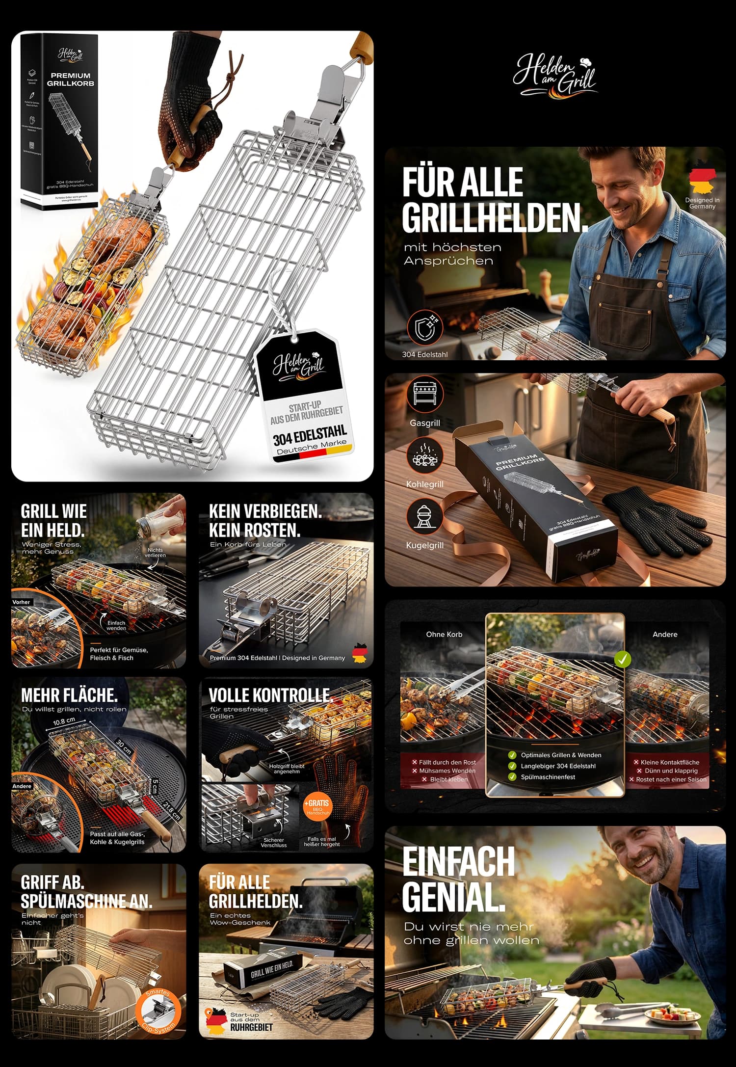 Helden am Grill Edelstahl Grillkorb mit abnehmbarem Holzgriff für Gemüse, Fisch und Fleisch auf Gas-, Kohle- und Kugelgrill
