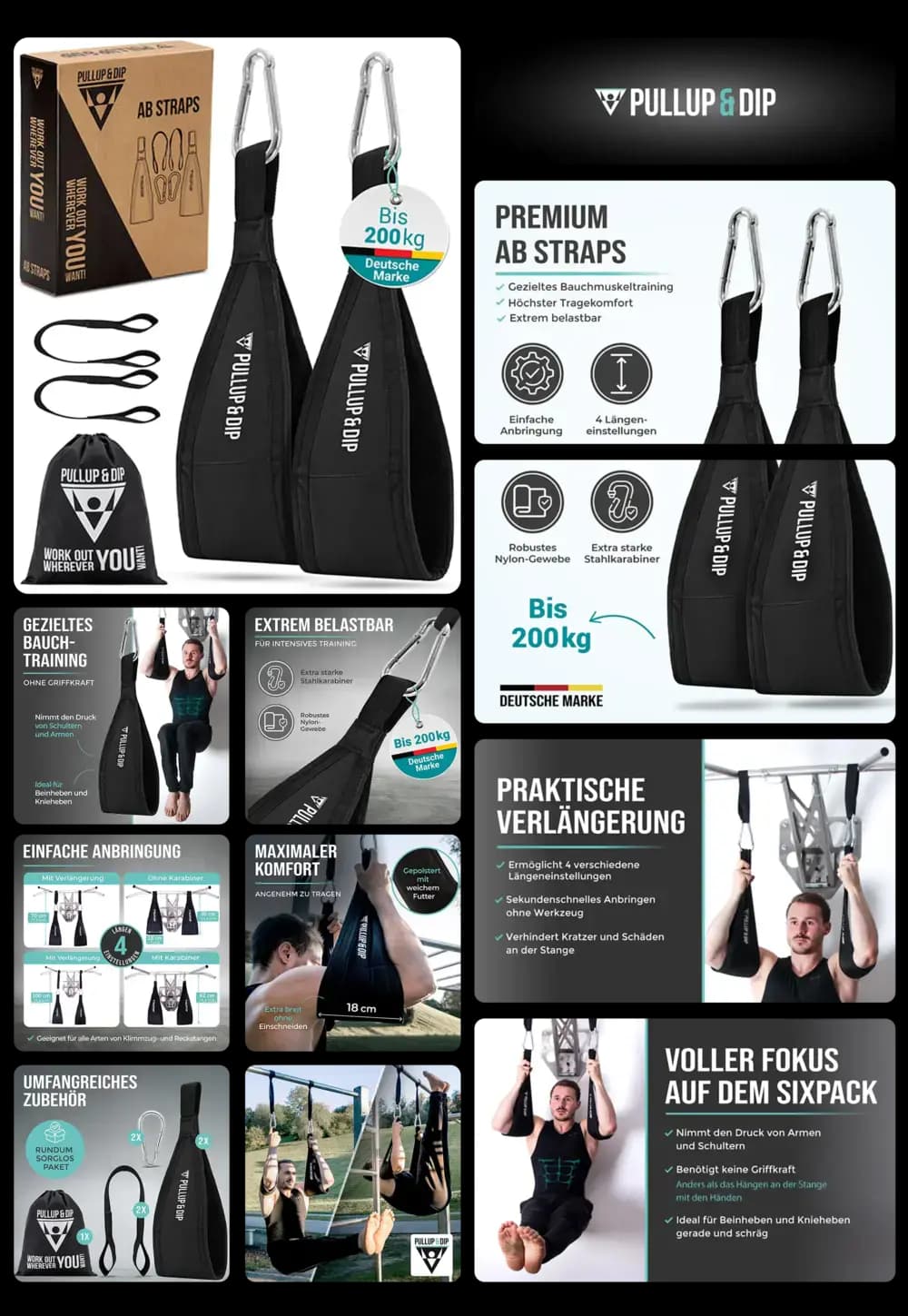 Ein Set aus Premium Ab Straps der Marke Pullup & Dip wird präsentiert, die zur Unterstützung des Bauchmuskeltrainings an einer Klimmzugstange dienen. Das Bild-Set zeigt die Gurte in Nahaufnahme, Anwendungsbeispiele von Männern, die Übungen durchführen, sowie Detailinformationen zu Material und Belastbarkeit von bis zu 200 kg.