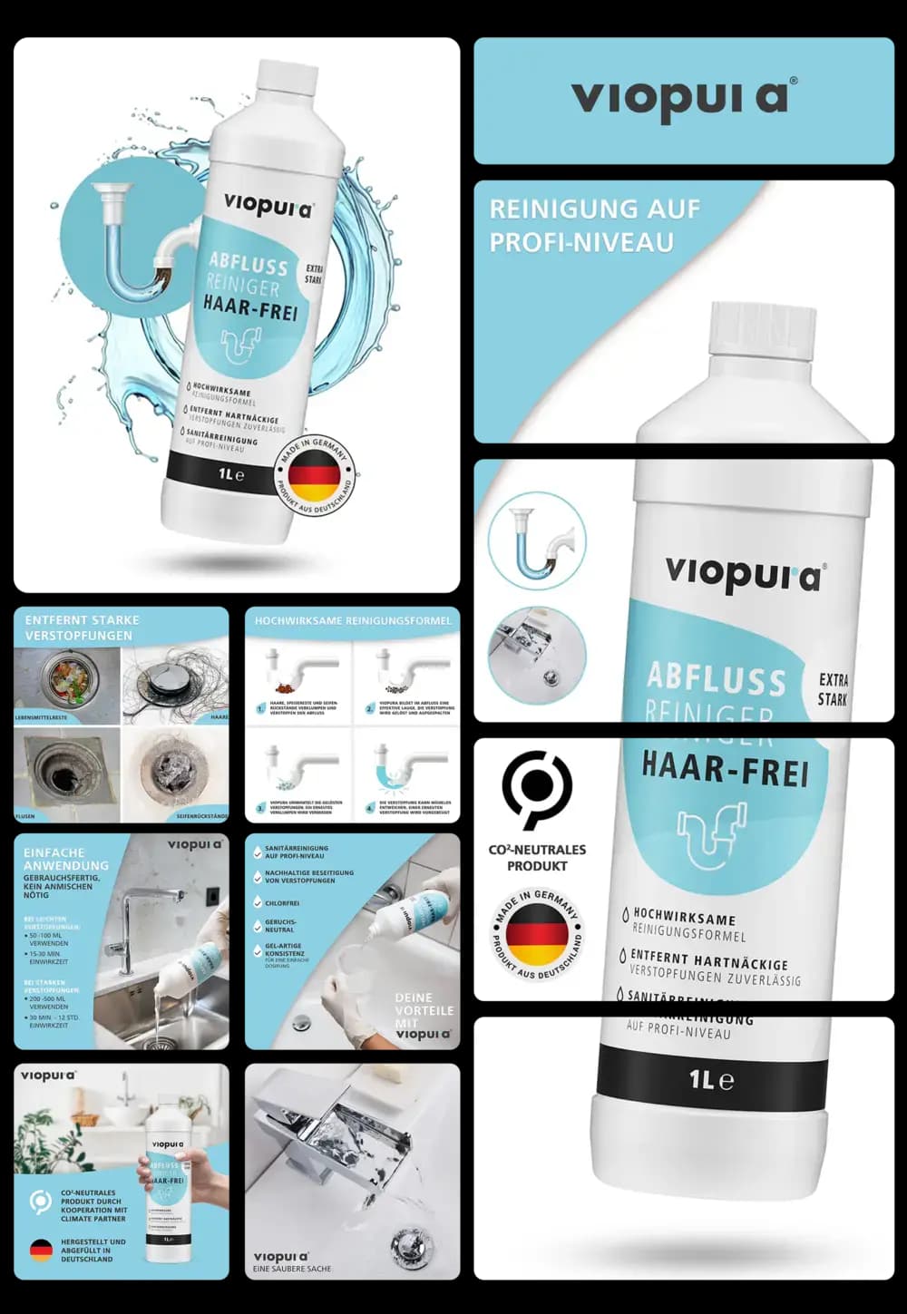 viopui A Abflussreiniger Haar-Frei-Flasche in der Küche mit Abfluss und Wasser.