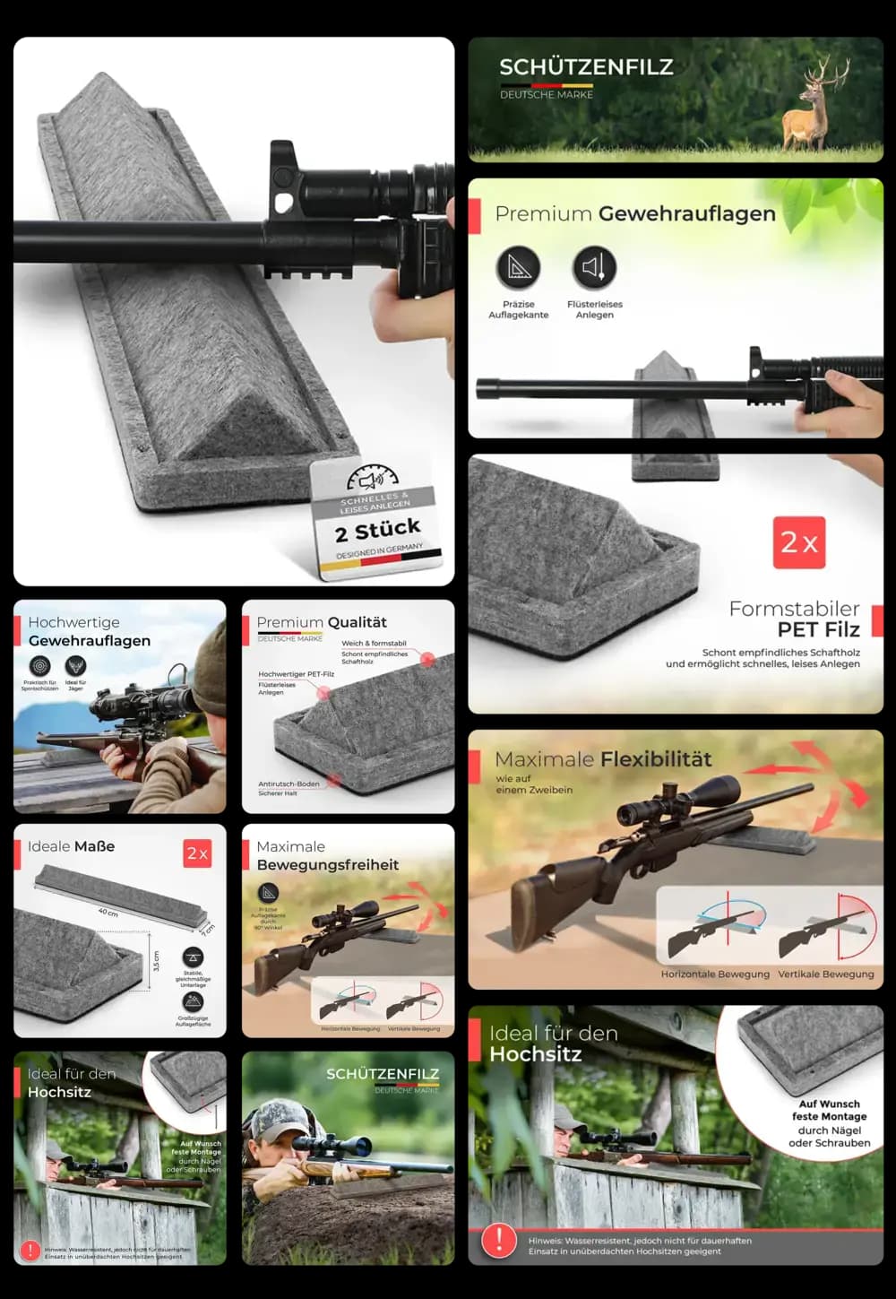 SCHÜTZENFILZ Gewehrauflagen aus formstabilem Filz, ideal für die Jagd und den Hochsitz.