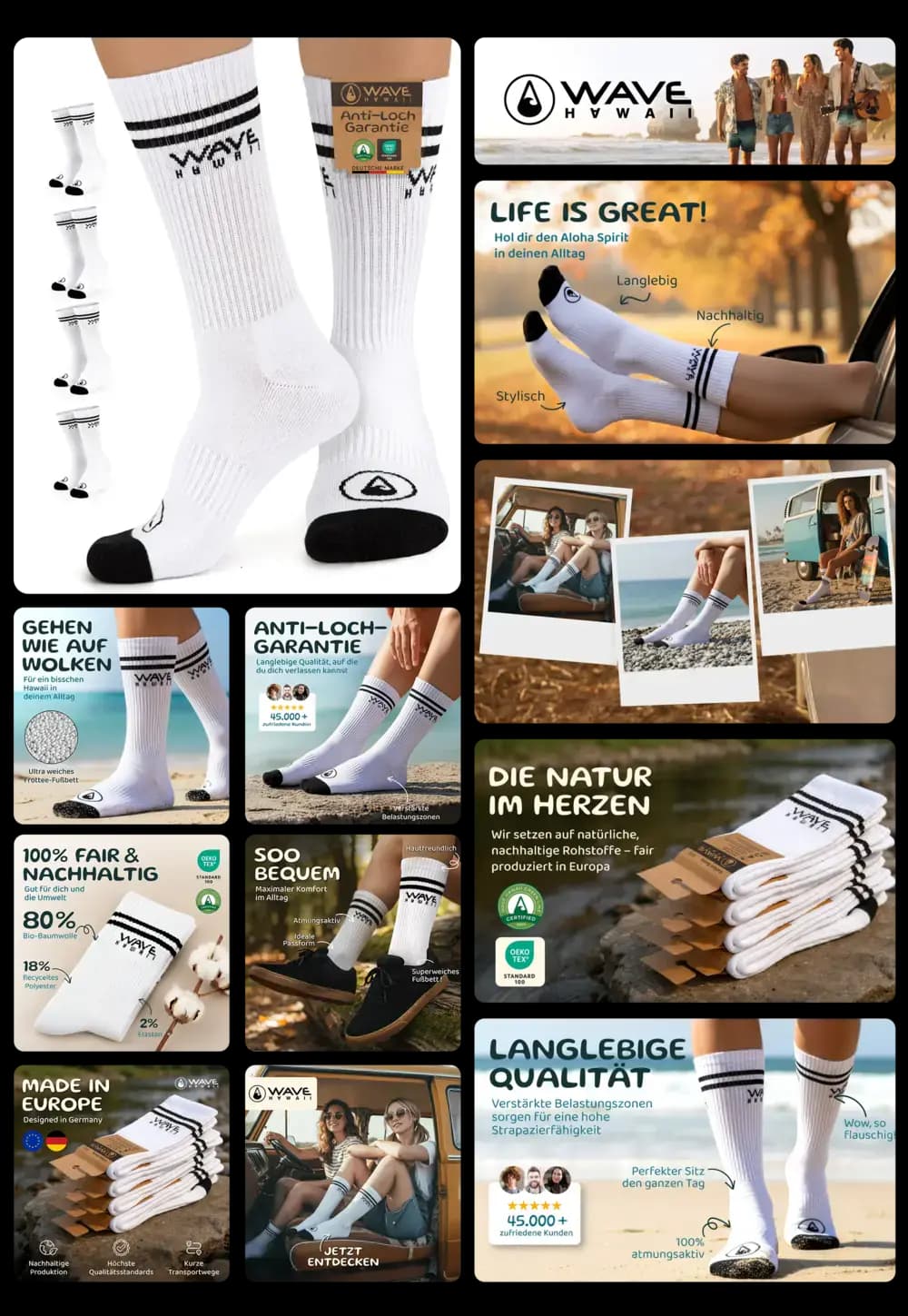 Weiße, knöchelhohe WAVE HWAII Airlite Socken mit schwarzen Streifen, beworben als langlebige und nachhaltige Socken aus Bio-Baumwolle mit Anti-Loch-Garantie für höchsten Tragekomfort und Stil im Alltag