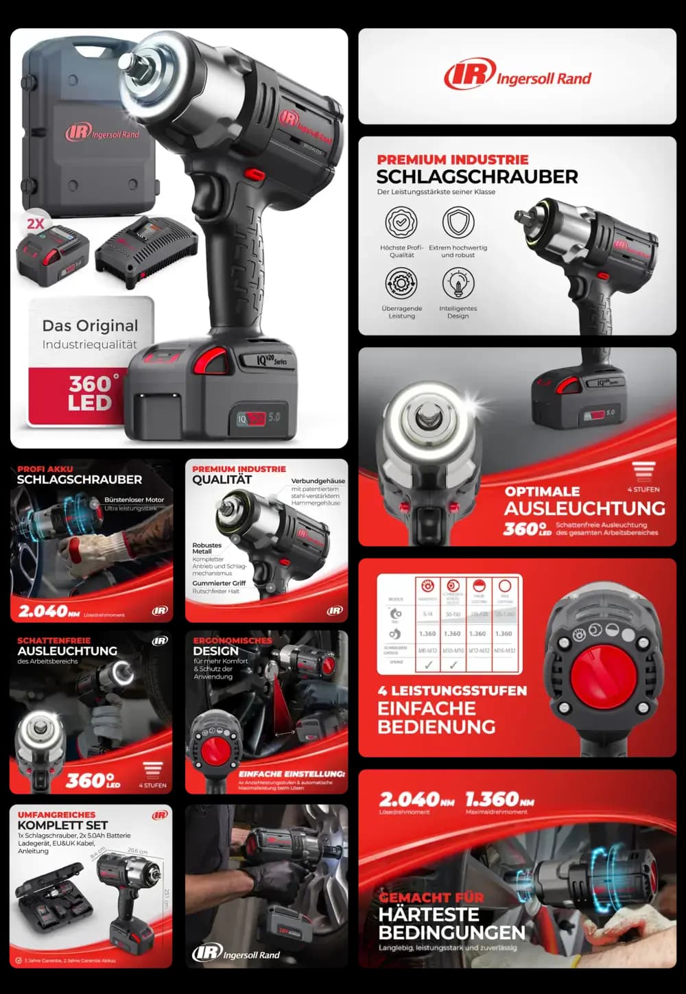 Produktcollage des professionellen Ingersoll Rand Akku-Schlagschraubers. Gezeigt werden das Werkzeug, zwei Akkus, Ladegerät und Koffer sowie Detailansichten der 360°-LED-Beleuchtung und die Anwendung beim Reifenwechsel an einem Auto.