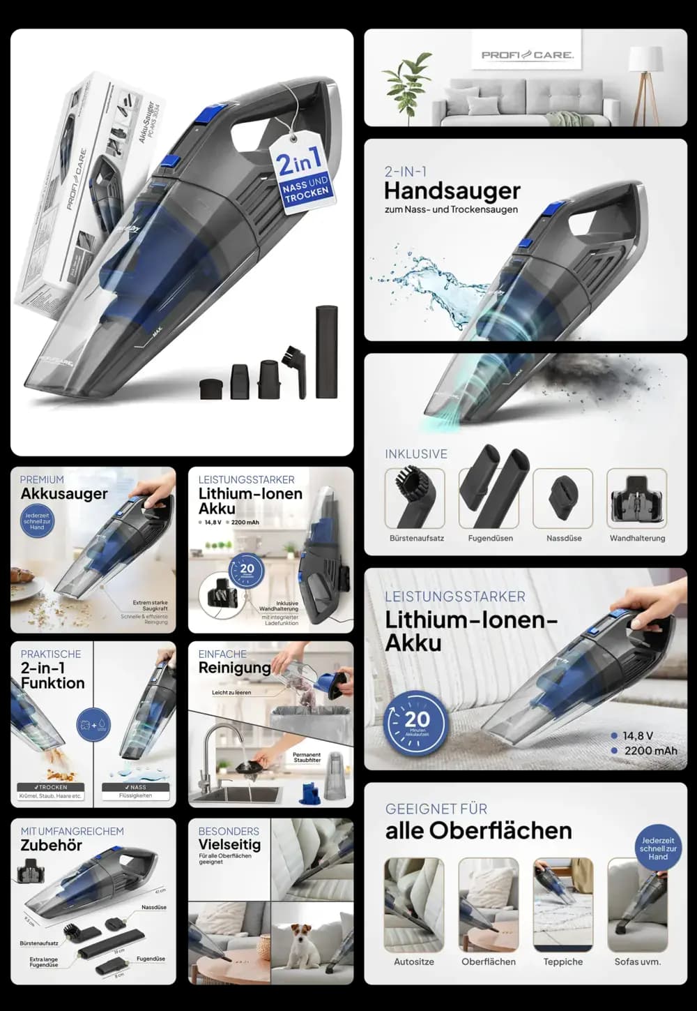 PROFI-CARE 2-in-1 Handstaubsauger, kabelloser Akkusauger mit Lithium-Ionen Akku und Zubehör.