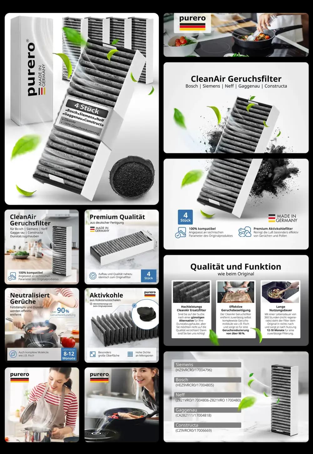 Hochwertiger Aktivkohlefilter für Dunstabzugshauben, zur Geruchs- und Fettfiltration in Küchen, kompatibel mit Bosch, Siemens, Neff, Gaggenau, Constructa Dunstabzugshauben.