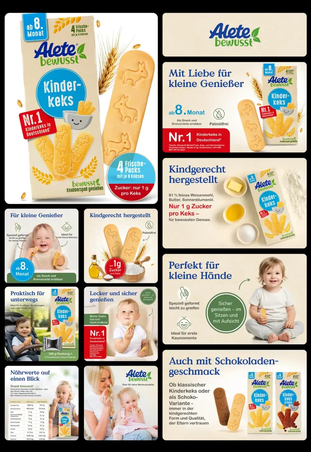 Packung Alete bewusst Kinderkeks, beworben als Nr. 1 Kinderkeks in Deutschland, geeignet ab dem 8. Monat, kindgerecht hergestellt mit nur 1g Zucker pro Keks, palmölfrei und ideal für kleine Hände