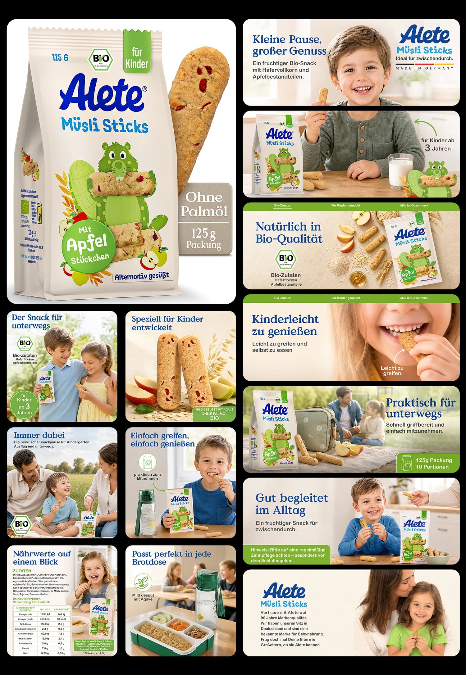 Alete Bio Müsli Sticks mit Apfelstücken für Kinder ab 3 Jahren ohne Palmöl praktischer Snack für unterwegs