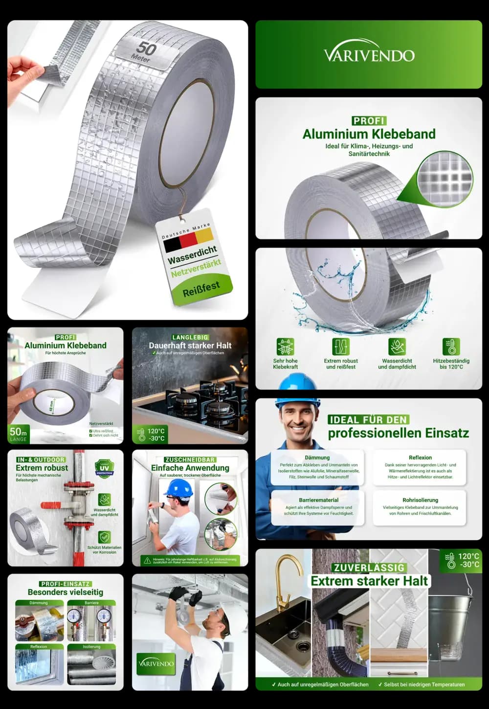 Ein professionelles Aluminium-Klebeband der Marke VARIVENDO wird in einem umfassenden Bild-Set präsentiert. Die Bilder zeigen eine Rolle des Klebebandes in verschiedenen Ansichten, Nahaufnahmen der Gitterstruktur, Anwendungsbeispiele in Küche und Bad, sowie grafische Darstellungen der Produkteigenschaften wie Wasserfestigkeit, Hitzebeständigkeit, Reißfestigkeit und Anwendungsbereiche für Handwerker und Heimwerker.