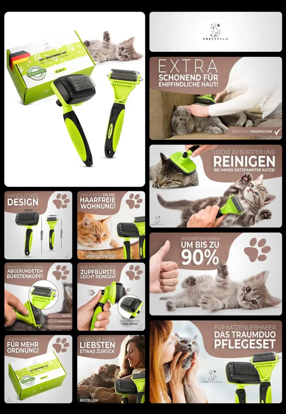 PRETTYPAW Katzenbürste, 2-in-1 Pflegeset für Katzen, zum Entfernen von Haaren und Entwirren von Fell.