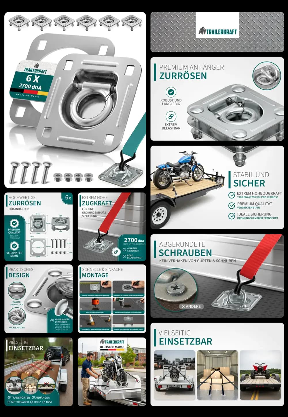 Sechs Premium Anhänger Zurrösen von TRAILERKRAFT aus verzinktem Stahl mit Schrauben, beworben als hochwertige, extrem belastbare (2700 daN Zugkraft) Zurrpunkte zur stabilen und sicheren Ladungssicherung auf Anhängern und in Transportern