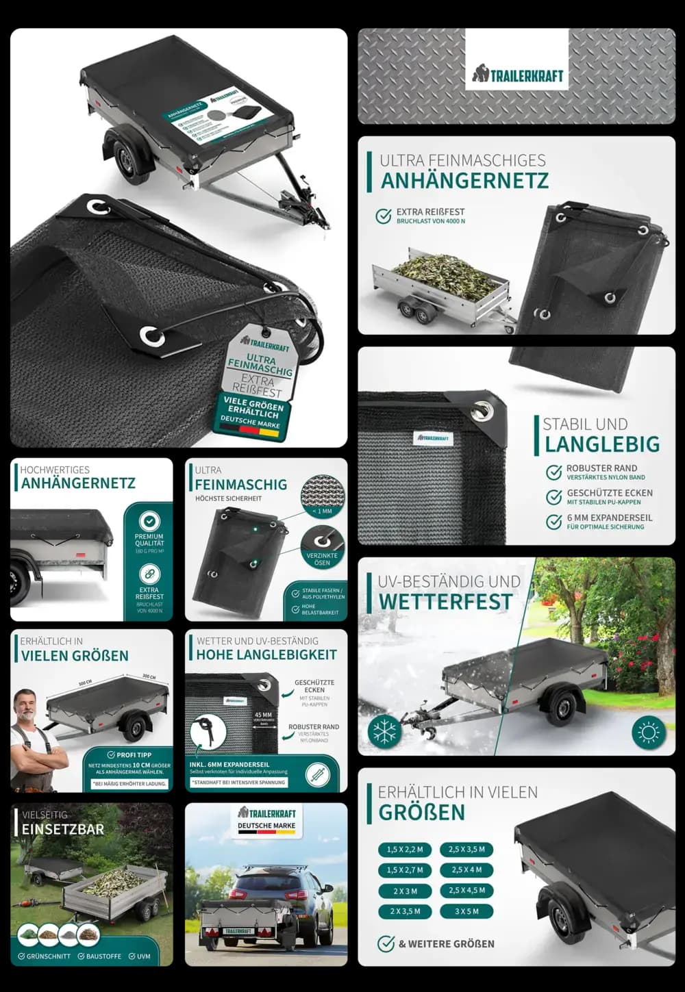 Ein ultra feinmaschiges Anhängernetz der Marke TRAILERKRAFT wird in einem detaillierten Bild-Set vorgestellt. Es zeigt das Netz in verschiedenen Größen und Anwendungen auf einem Anhänger, Nahaufnahmen der robusten Ränder und Ösen, sowie Grafiken, die die Eigenschaften wie Witterungsbeständigkeit, UV-Schutz und Reißfestigkeit hervorheben.