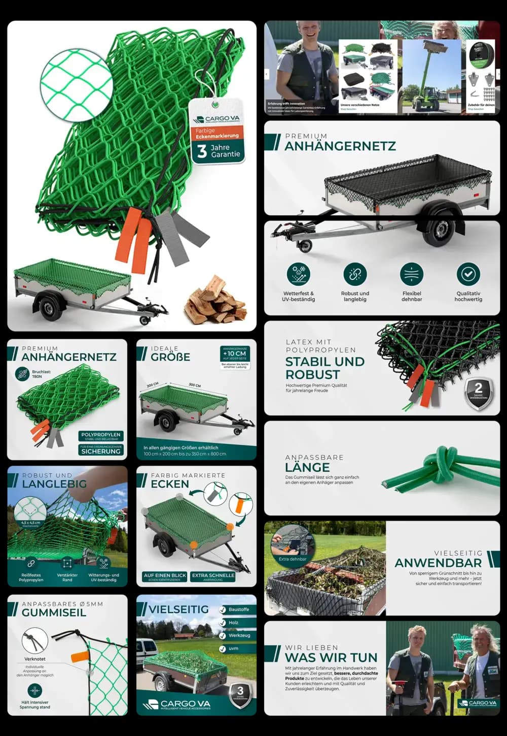 CARGO VA Premium Anhängernetz in Grün, aus Polypropylen, zur Ladungssicherung von Baumaterial, Holz oder Gartenabfällen.