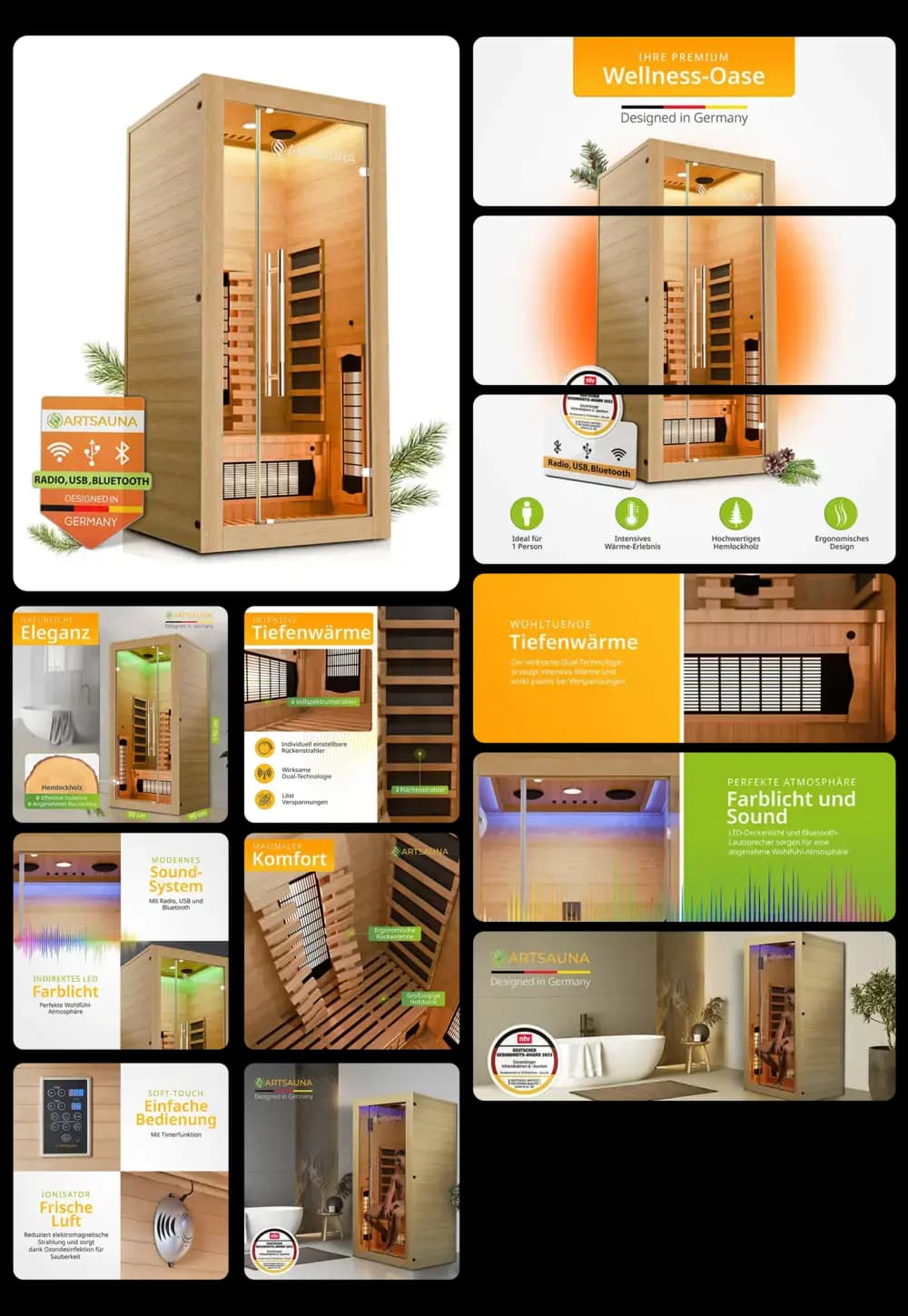 Eine Infrarot-Saunakabine der Marke ARTSAUNA wird in einem detaillierten Produktfoto-Set gezeigt. Die Bilder stellen das Holzgehäuse, das Bedienfeld, die Innenbeleuchtung und die verschiedenen Funktionen wie Tiefenwärme, integriertes Radio mit Bluetooth und Farblichttherapie vor. Anwendungsbeispiele in einem Badezimmer werden ebenfalls gezeigt.