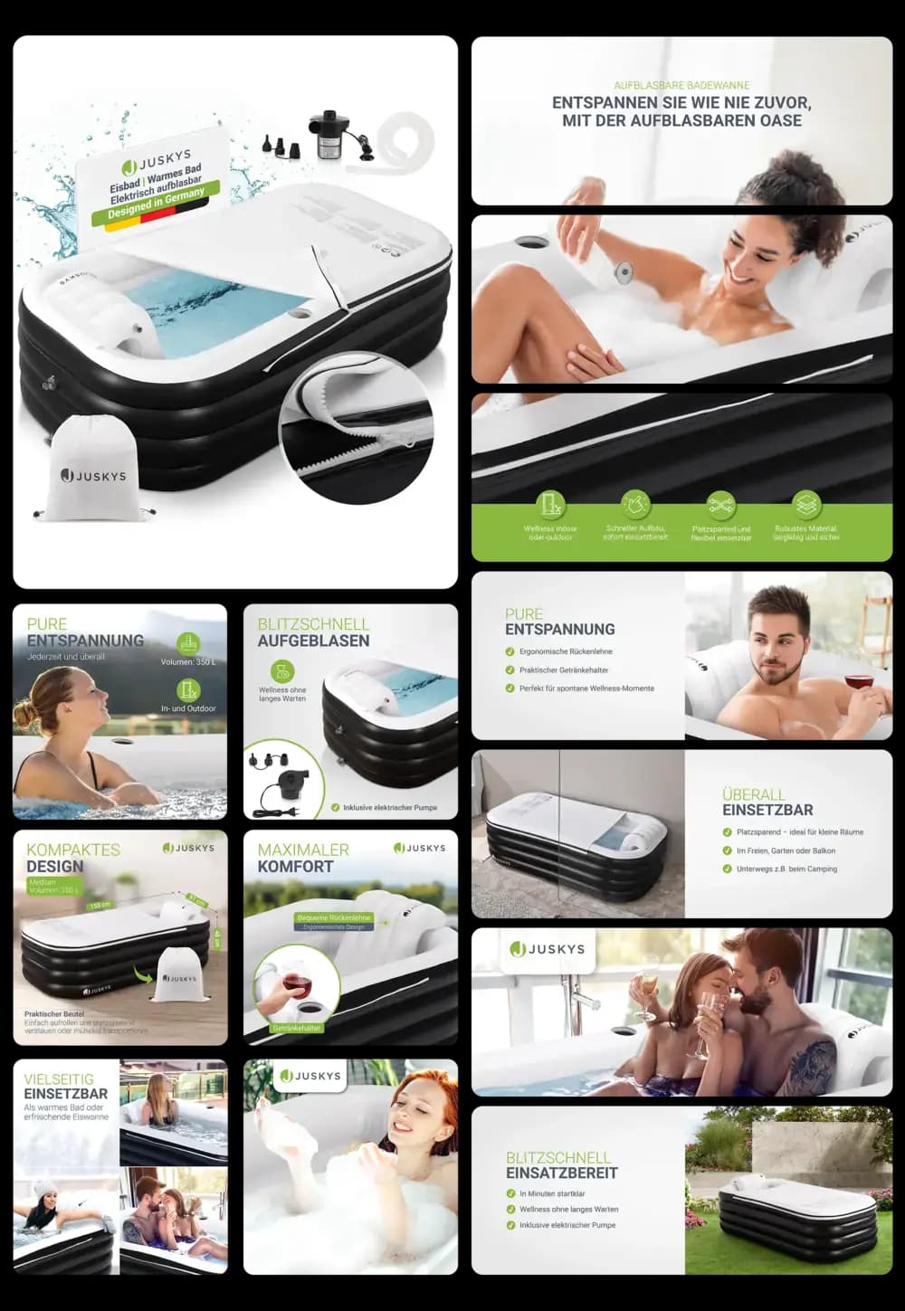Eine aufblasbare Badewanne der Marke Juskys wird in einem umfassenden Bild-Set dargestellt. Es zeigt die Badewanne im Gebrauch von Einzelpersonen und Paaren, sowohl im Innen- als auch im Außenbereich. Grafiken heben Eigenschaften wie das kompakte Design, die einfache Handhabung mit der elektrischen Pumpe und die Vielseitigkeit für verschiedene Standorte hervor, einschließlich Balkon, Garten und Badezimmer.