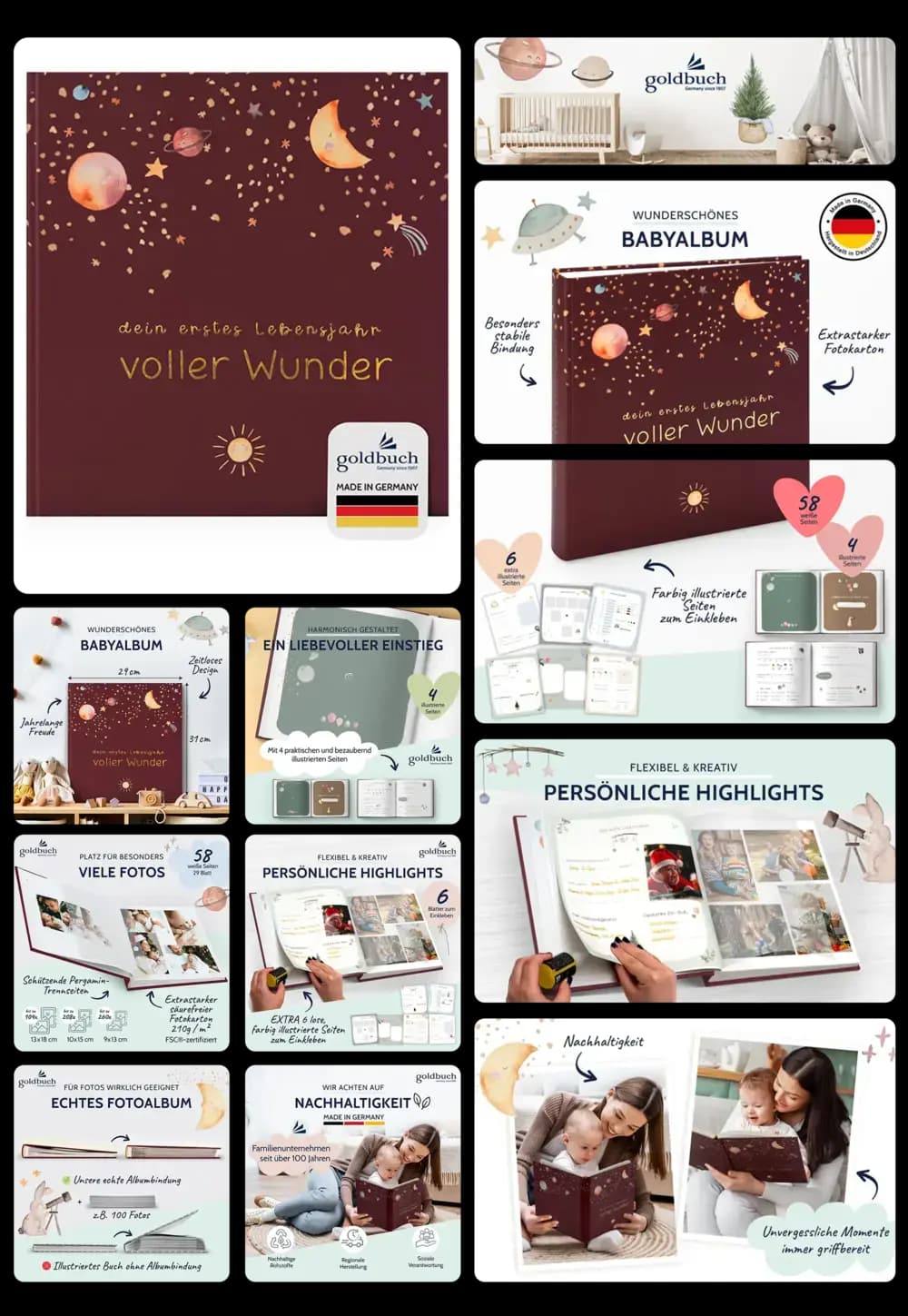 Ein Babyalbum von Goldbuch mit dem Titel "Dein erstes Lebensjahr voller Wunder" wird in einem detaillierten Bild-Set vorgestellt. Es zeigt das Album mit einem kindgerechten Motiv aus Sternen und Monden, verschiedene Innenseiten zum Einkleben von Fotos und Eintragen von Erinnerungen. Die Bilder demonstrieren auch die hochwertige Bindung, die Eignung für viele Fotos und die Verwendung in familiärer Umgebung.