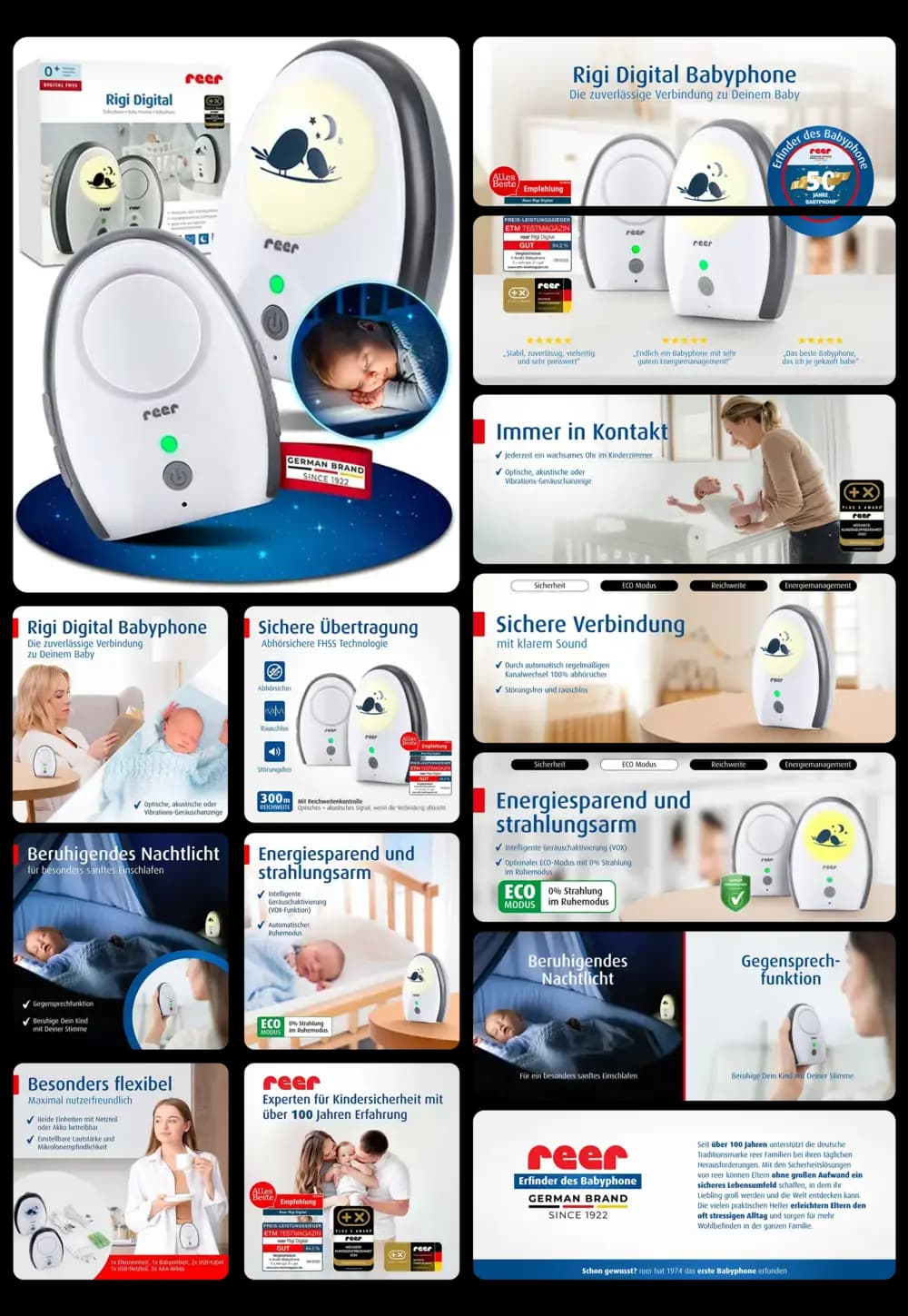 reer Rigi Digital Babyphone, mit beruhigendem Nachtlicht und sicherer, strahlungsarmer Übertragung.