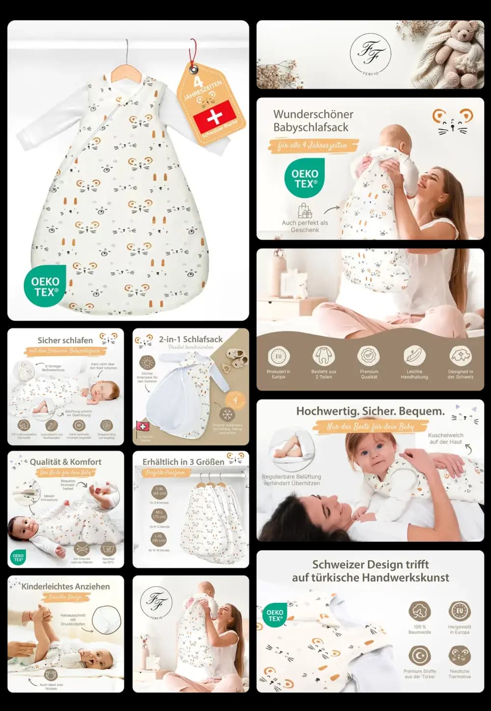 Ein Babyschlafsack der Marke F&J FASHION wird in einem umfangreichen Bild-Set präsentiert. Die Bilder zeigen den Schlafsack in Nahaufnahme und am Bügel, am schlafenden Baby sowie am Kleinkind im Arm der Mutter. Grafiken heben Eigenschaften wie das 2-in-1-Design, die Oeko-Tex-Zertifizierung, das Schweizer Design, die Größenverfügbarkeit und das kindgerechte Anziehen hervor.