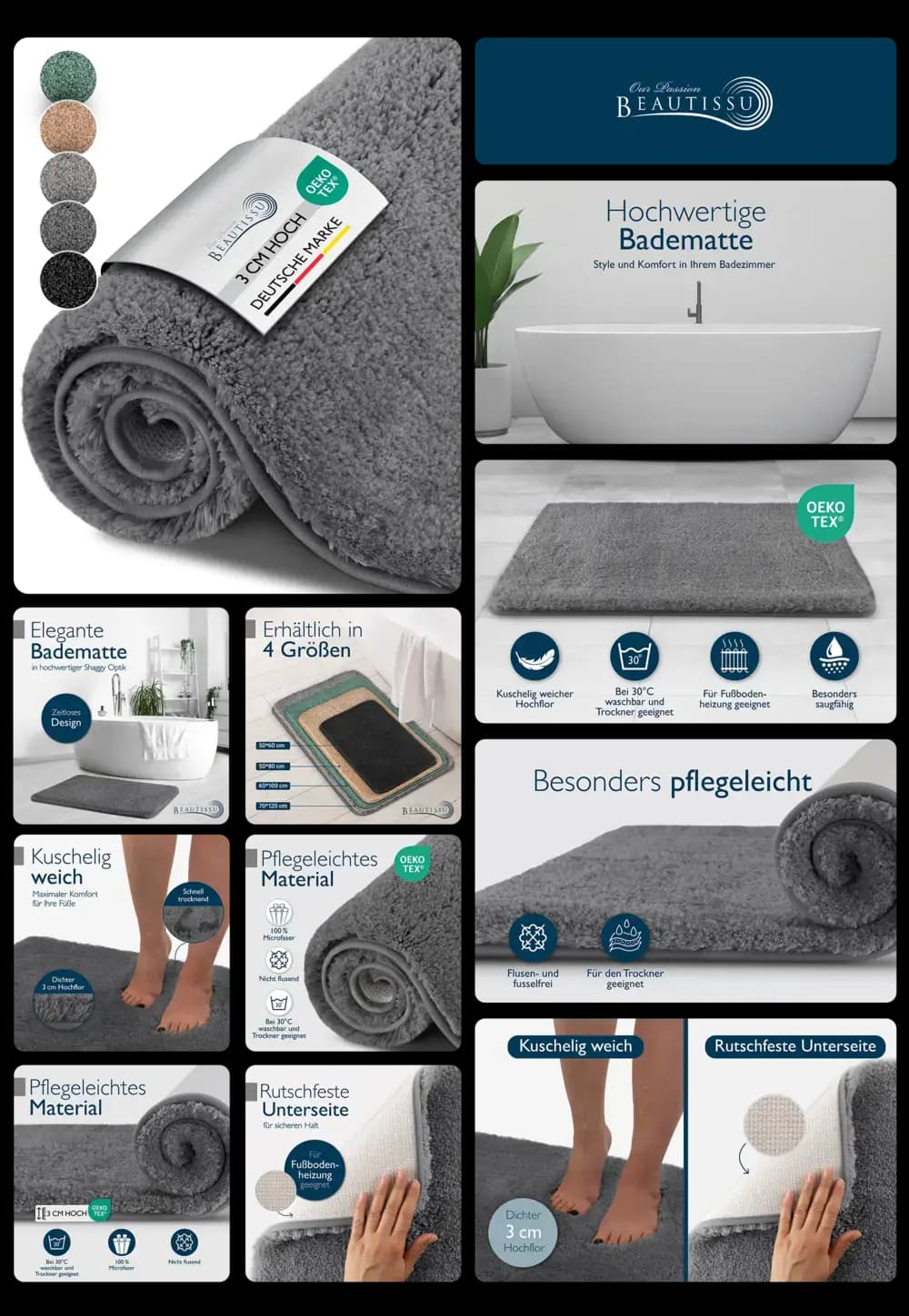 Hochwertige, graue, flauschige Badematte von Beautissu, 3 cm hoch, Öko-Tex zertifiziert, rutschfest und pflegeleicht, ideal für Badezimmerkomfort und Sicherheit.