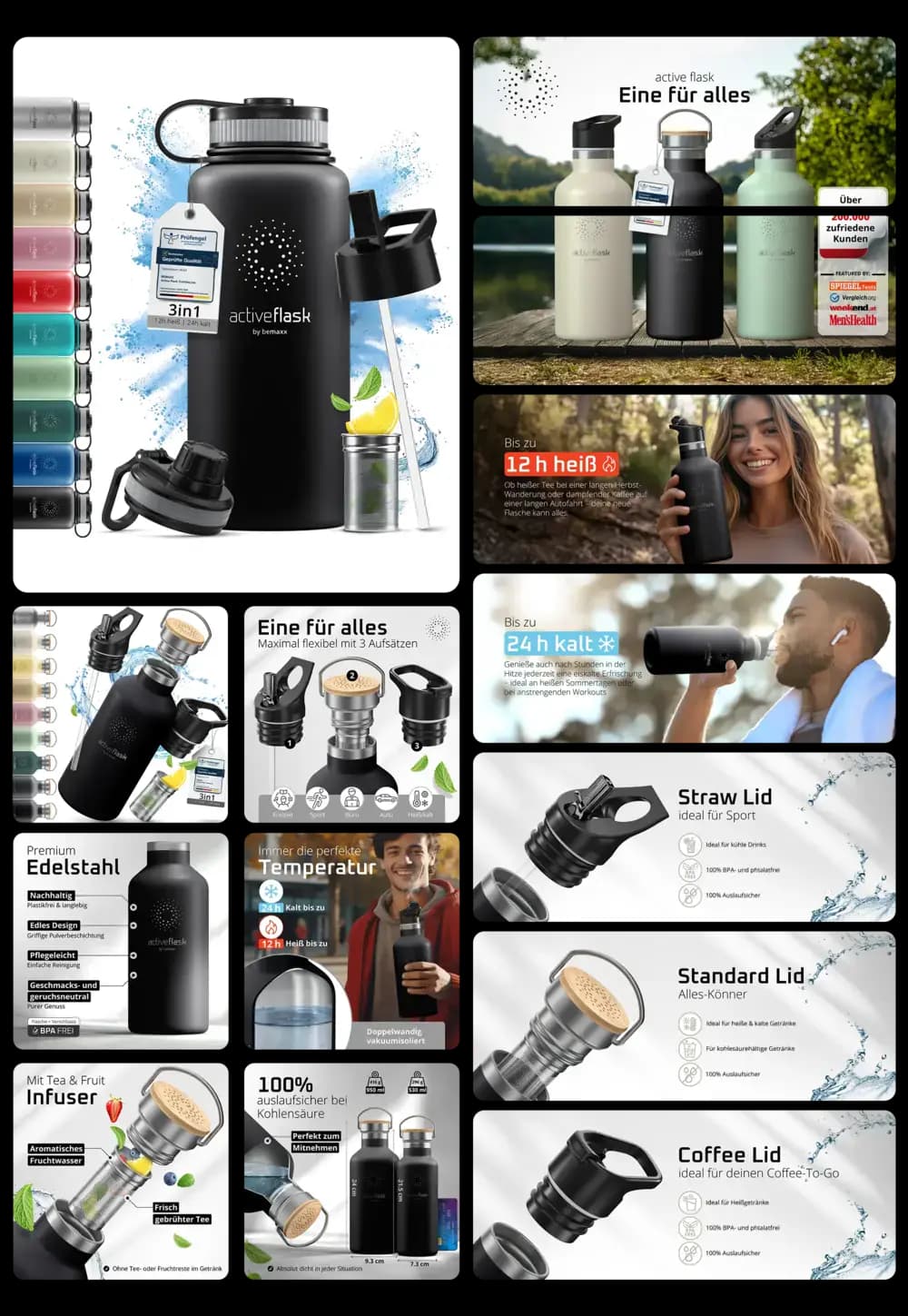 Mehrere ActiveFlask Edelstahl-Trinkflaschen in Schwarz, Weiß und Minzgrün, mit Bambus-Akzenten, unterschiedlichen Deckeln und Frucht-Infuser, vorgestellt für Sport, Büro und Outdoor-Aktivitäten.