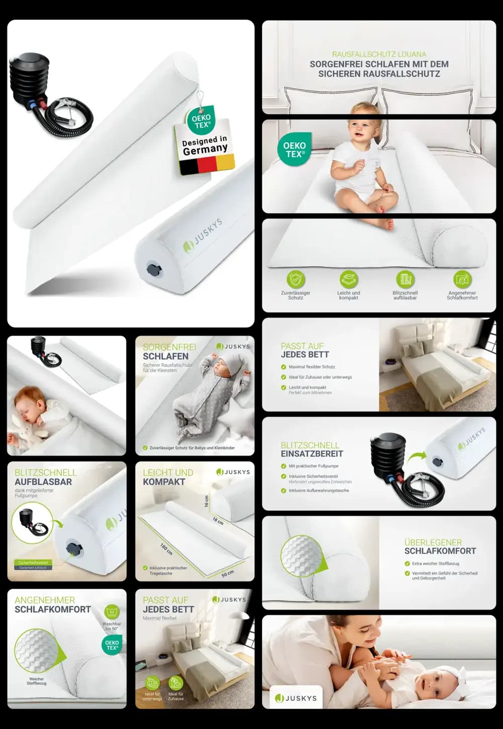 Ein aufblasbarer Rausfallschutz für Betten der Marke Juskys wird in einem detaillierten Bild-Set präsentiert. Die Bilder zeigen das Produkt in seiner Verpackung, auf einem Bett montiert und im Gebrauch bei einem schlafenden Baby und Kleinkind. Grafiken heben Eigenschaften wie die Oeko-Tex-Zertifizierung, das einfache Aufblasen mit der Fußpumpe, die kompakte Bauweise für Reisen und den flexiblen Einsatz auf jedem Bett hervor.