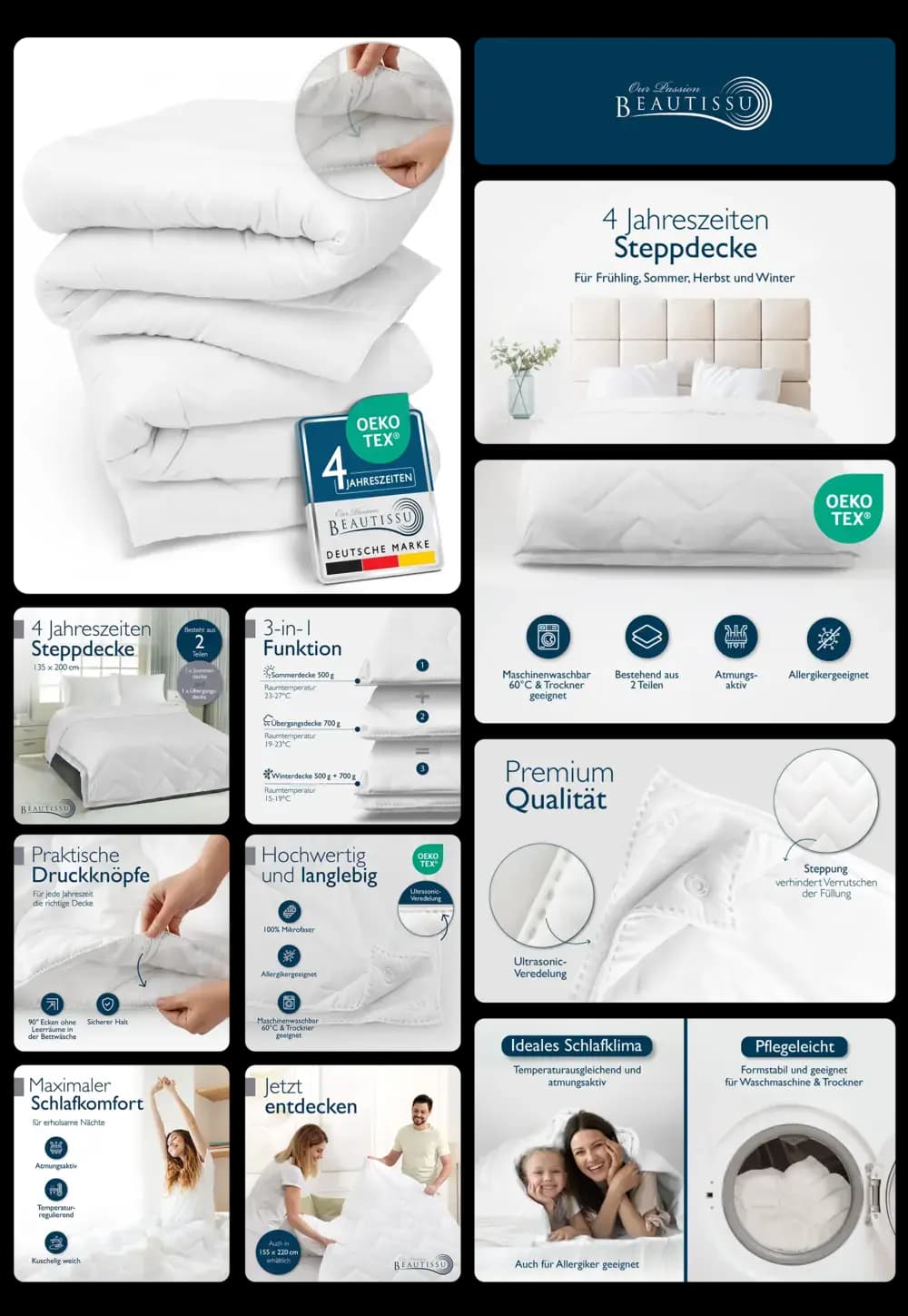 Hochwertige 4-Jahreszeiten-Steppdecke von Beautissu, weiß, Oeko-Tex zertifiziert, allergikerfreundlich, maschinenwaschbar und bestehend aus zwei per Druckknöpfen verbindbaren Teilen.