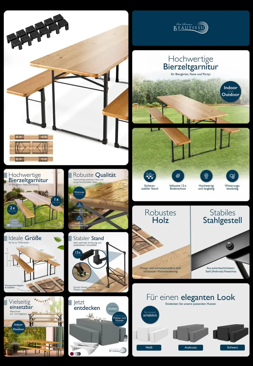 Eine hochwertige Bierzeltgarnitur der Marke BEAUTISSU, bestehend aus einem Holztisch und zwei Klappbänken, wird in einem umfassenden Bild-Set dargestellt. Die Bilder zeigen die Garnitur im Innen- und Außenbereich und heben die robuste Holzqualität und das stabile Stahlgestell hervor. Grafiken veranschaulichen die Maße, die wetterfeste Oberfläche und die Möglichkeit, passende Polster und Hussen hinzuzufügen.
