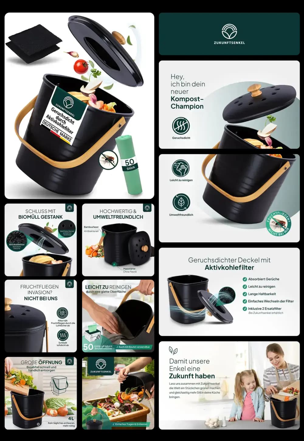 ZUKUNFTSENKEL Bio-Komposteimer mit geruchsdichtem Aktivkohlefilter und Bambusdeckel, zum Sammeln von Bio-Abfällen in der Küche.