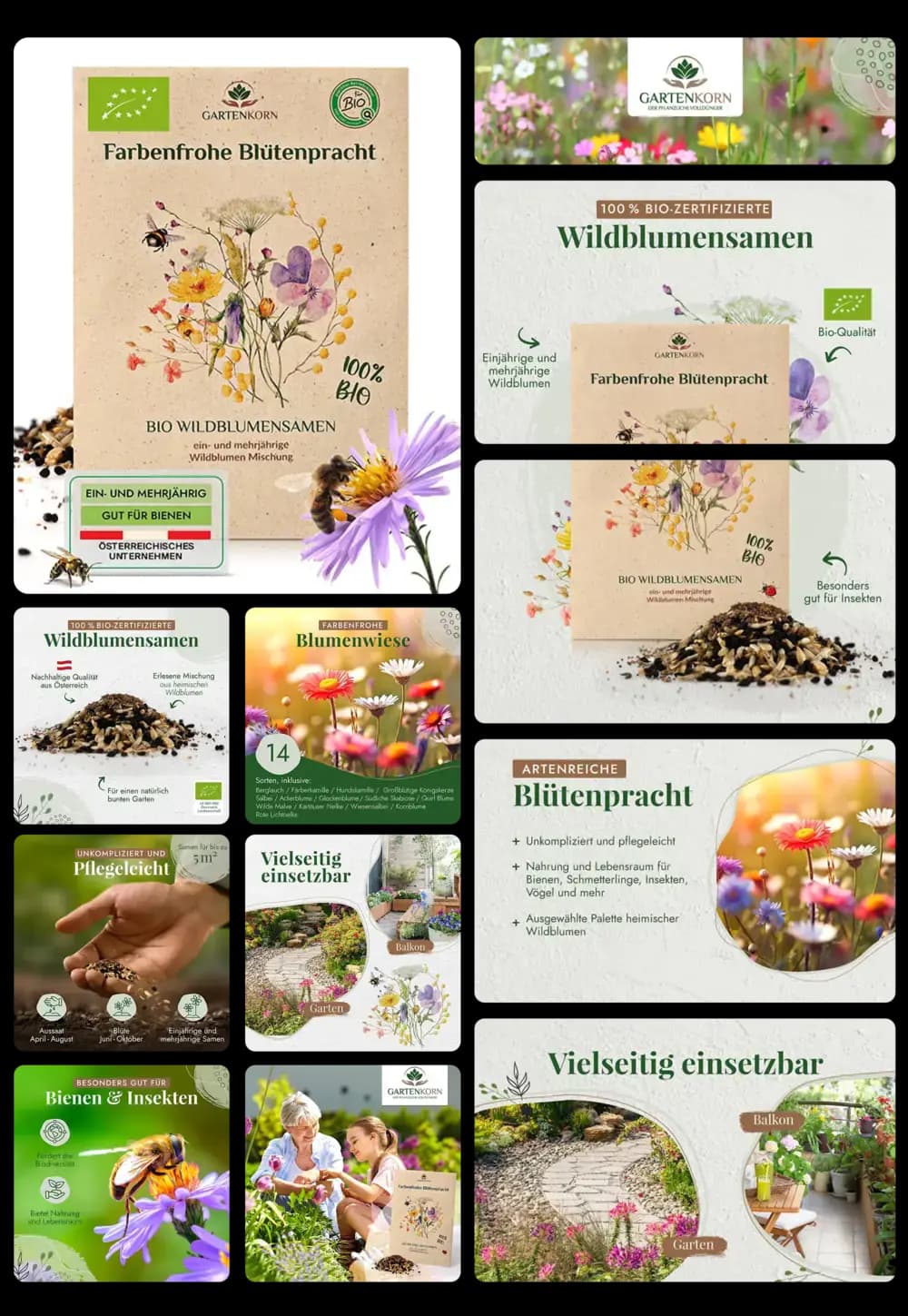 GARTENKORN Bio Wildblumensamen in Verpackung, für farbenfrohe Blütenpracht und als Futter für Bienen und Insekten.