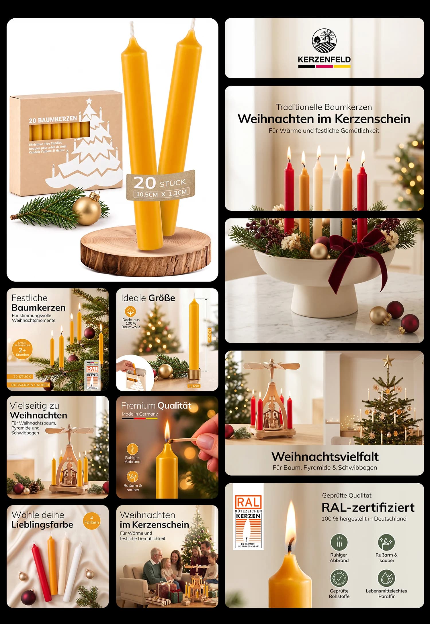 Kerzenfeld Baumkerzen 20 Stück für Weihnachtsbaum Pyramide und Schwibbogen RAL-zertifiziert