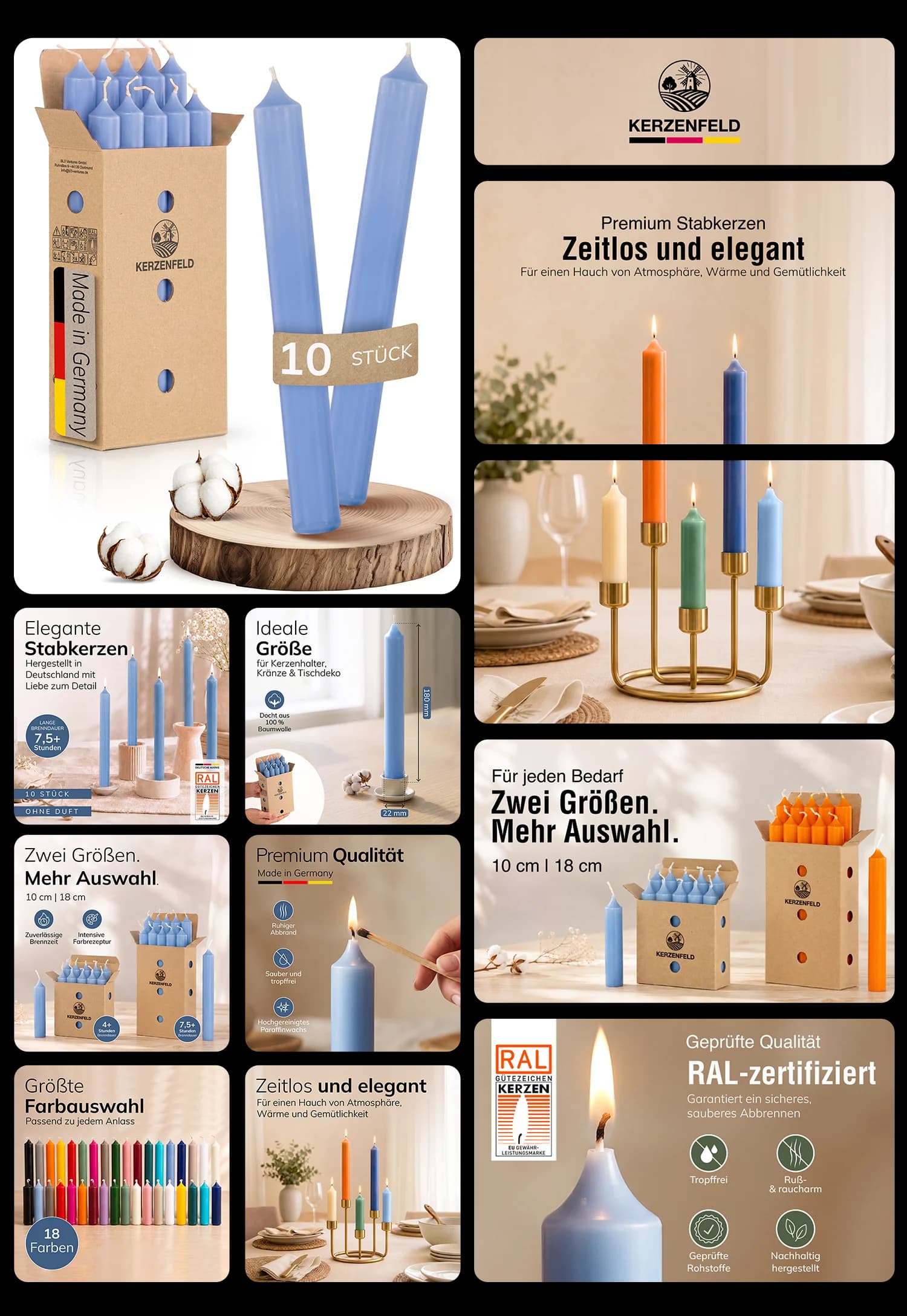 Kerzenfeld Stabkerzen 10 Stück blau RAL-zertifiziert für Kerzenhalter und Tischdekoration