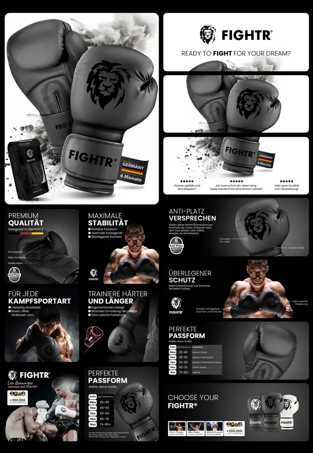 Zwei schwarze Fightr Boxerhandschuhe aus Premium-Qualität mit Löwenlogo, geeignet für verschiedene Kampfsportarten und Training, mit Fokus auf Stabilität und Schutz.