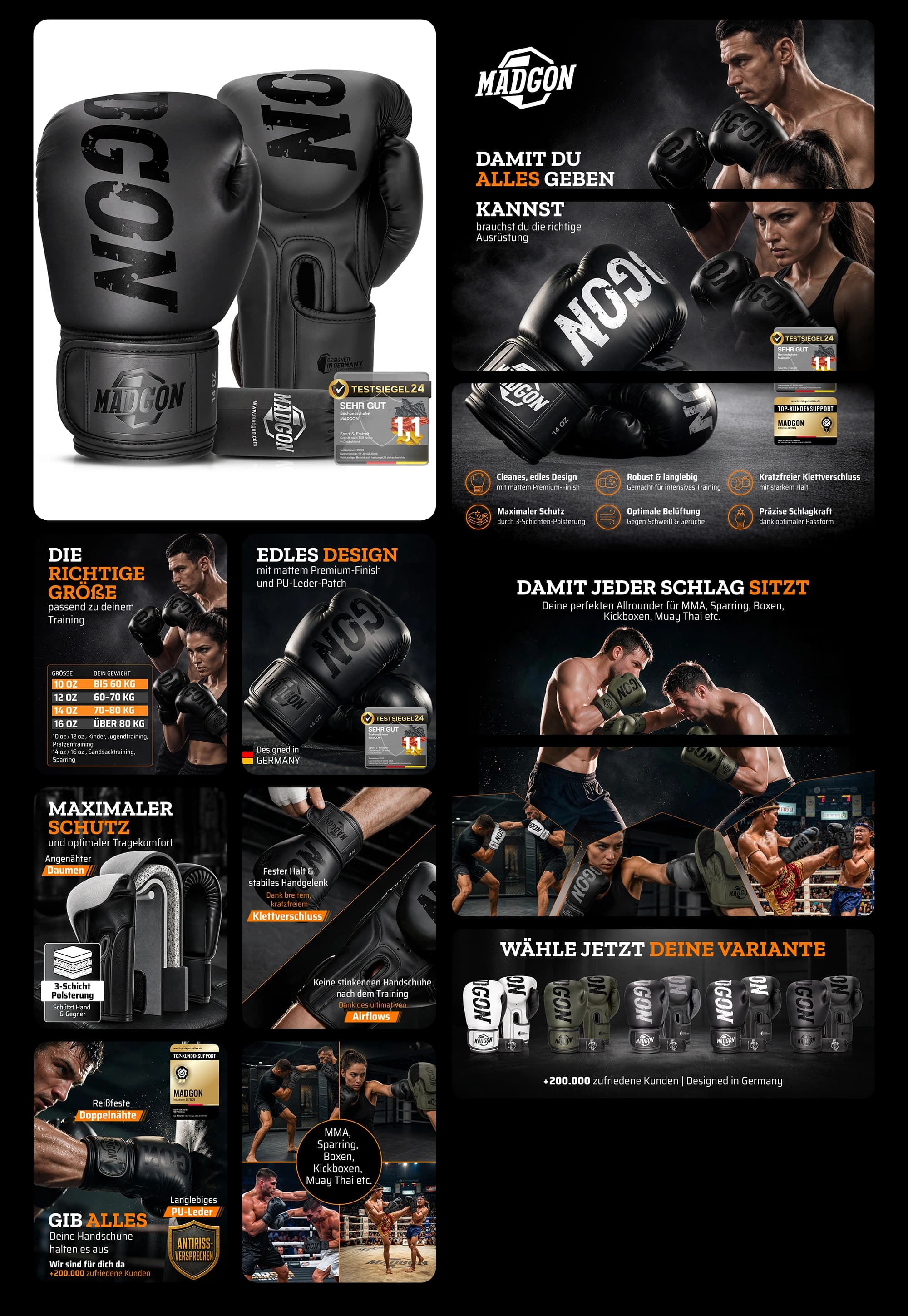 Schwarze MADGON Boxhandschuhe für Herren und Damen aus PU-Leder für Sparring, MMA, Muay Thai und Kickboxen