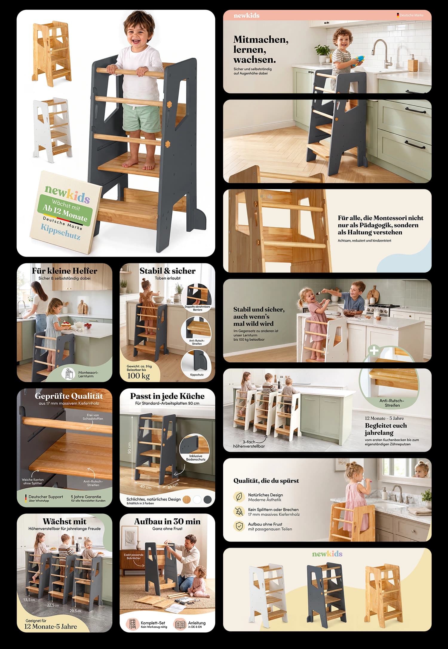 newkids Lernturm für Kinder aus Holz höhenverstellbar Montessori Lernturm mit Kippschutz für die Küche