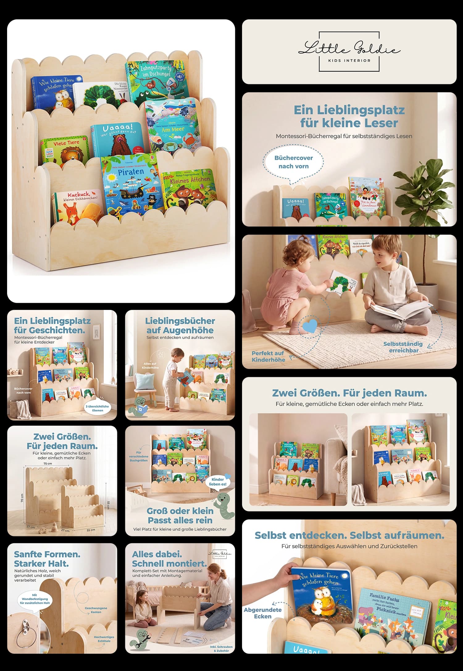 Little Goldie Montessori Bücherregal für Kinder aus Holz bodennahes Kinderbuchregal mit abgerundeten Ecken für das Kinderzimmer