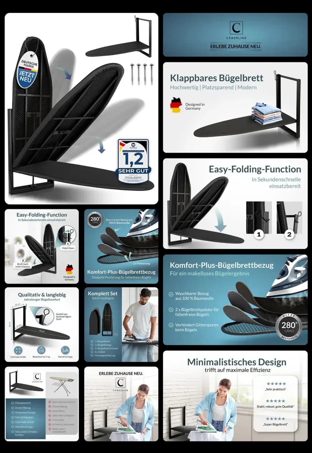 CAMELINO klappbares Bügelbrett in Schwarz, platzsparend und modern, zur Wandmontage, mit Easy-Folding-Funktion.