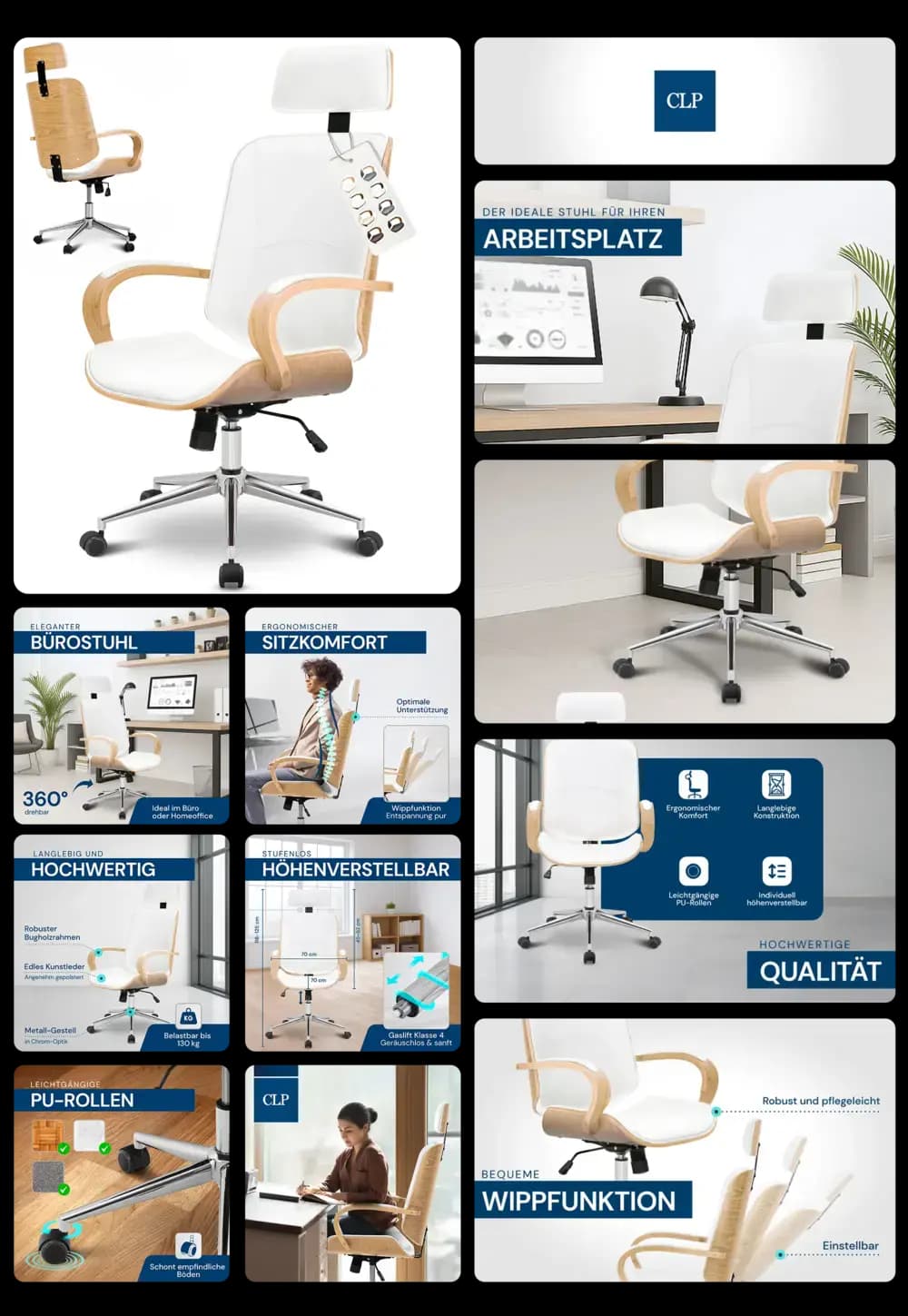 weißer, eleganter Bürostuhl mit Holz- und Chrom-Elementen, ergonomisch geformt und höhenverstellbar, in einem modernen Büro