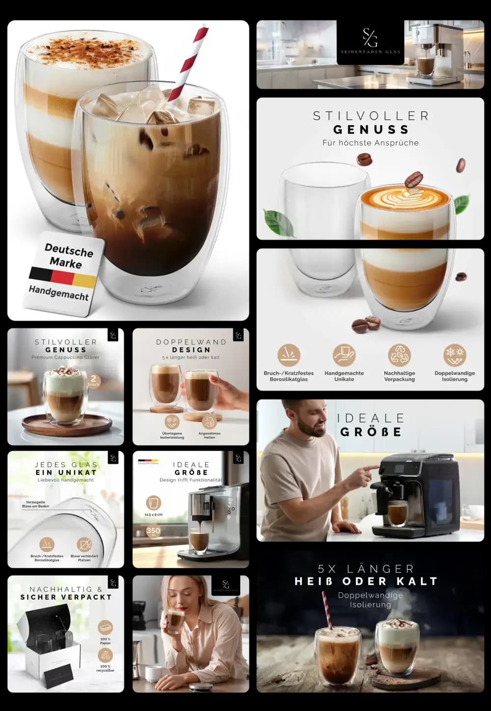 Zwei doppelwandige Cappuccino Gläser aus Borosilikatglas, handgemacht, bruchfest und thermoisolierend, gefüllt mit Latte Macchiato und Eiskaffee, geeignet für Heiß- und Kaltgetränke.
