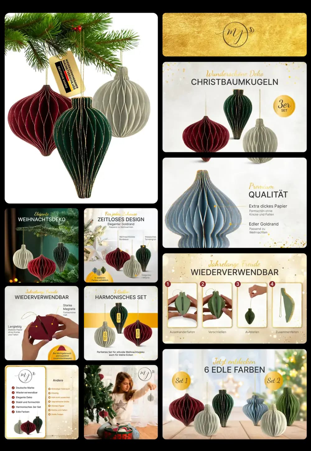 Drei faltbare Waben-Christbaumkugeln in Bordeauxrot, Dunkelgrün und Hellgrau hängen an einem Tannenzweig, beworben als wiederverwendbare, elegante Weihnachtsdeko in Premium Qualität und edlen Farben
