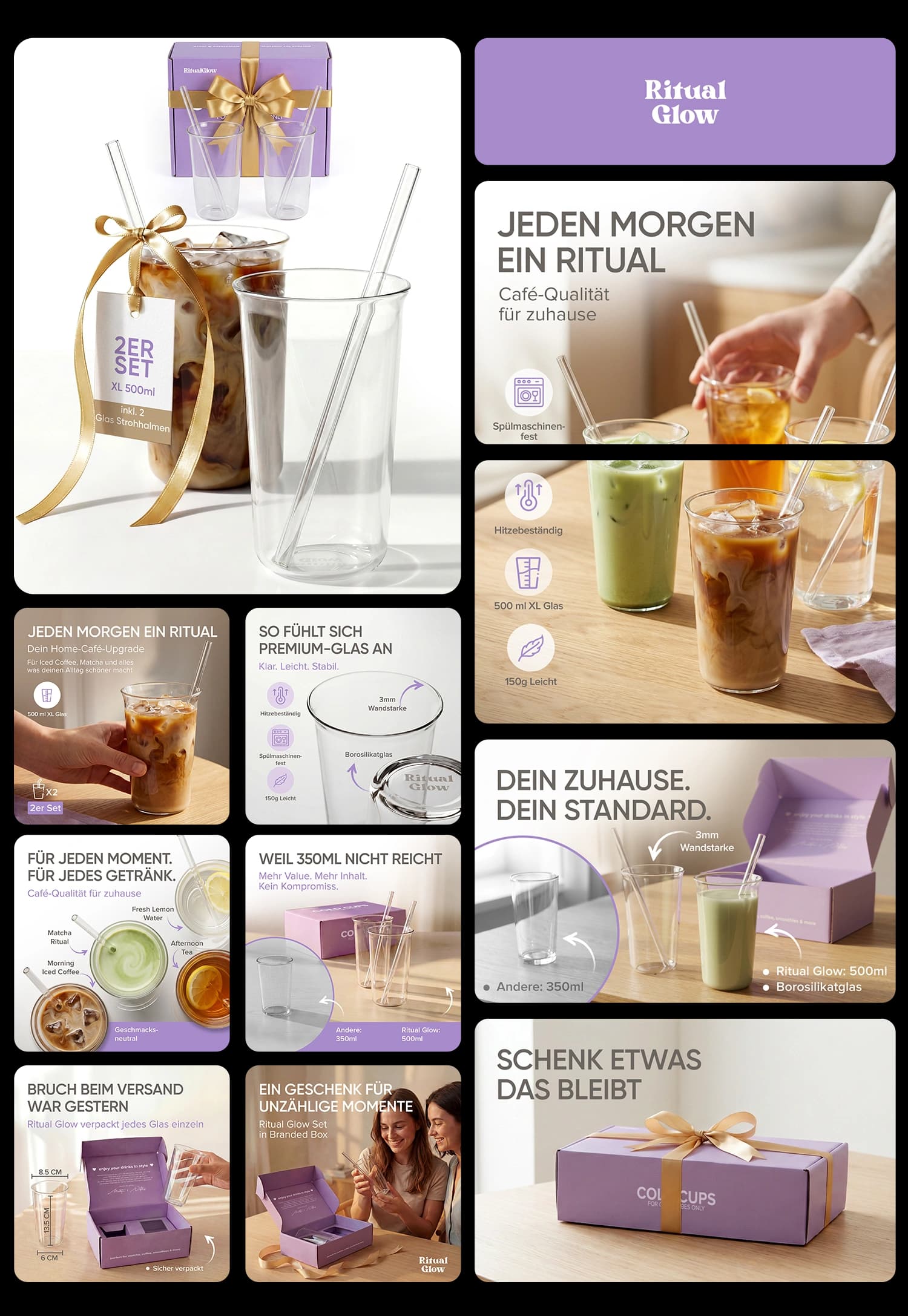 Ritual Glow 2er Set XL Glasbecher 500ml aus Borosilikatglas mit Glasstrohhalmen für Iced Coffee und Matcha
