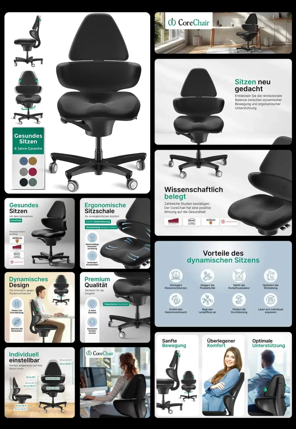 Ein ergonomischer Bürostuhl der Marke CoreChair wird in einem umfassenden Bild-Set dargestellt. Es zeigt den Stuhl in verschiedenen Perspektiven, Nahaufnahmen der Sitzfläche und des Gestells, sowie Darstellungen von Personen, die darauf sitzen. Grafiken heben die besonderen Merkmale hervor, wie das dynamische Design, die wissenschaftlich belegten Vorteile für die Rückengesundheit, die individuellen Einstellmöglichkeiten und die Vorteile für eine bessere Sitzhaltung.