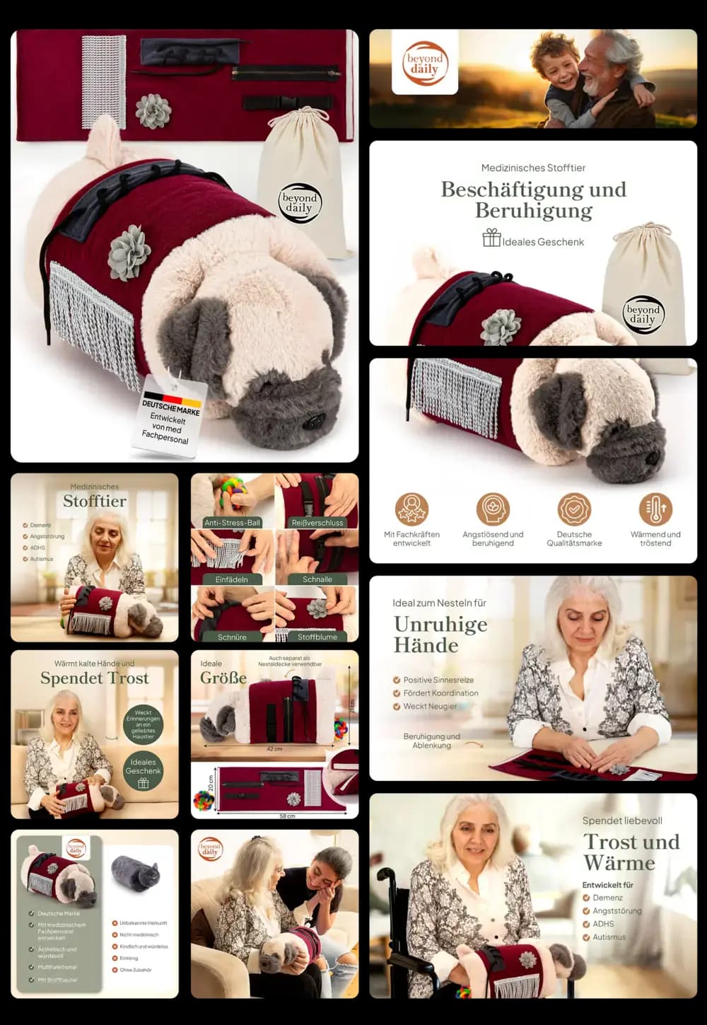 Therapeutisches Demenz-Stofftier in Hundform, creme-farben mit bordeaux-roter Weste, entwickelt zur Beruhigung und sensorischen Stimulation bei Demenz, Angst und Autismus.