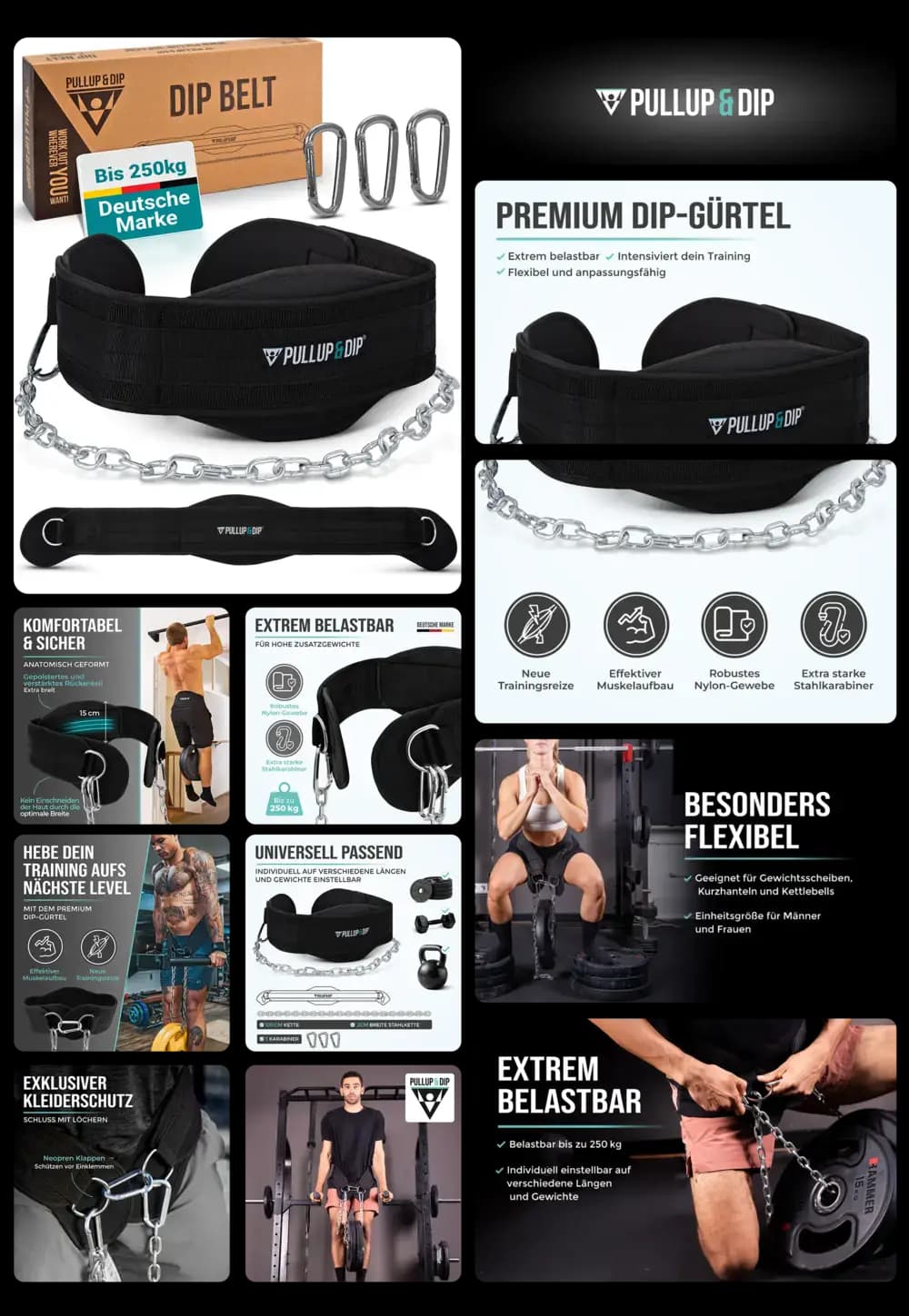 Schwarzer Pullup & Dip Gürtel aus robustem Nylon mit langer Kette und Karabinerhaken, anatomisch geformt, bis 250 kg belastbar, ideal für Gewichtstraining und Muskelaufbau im Fitness.