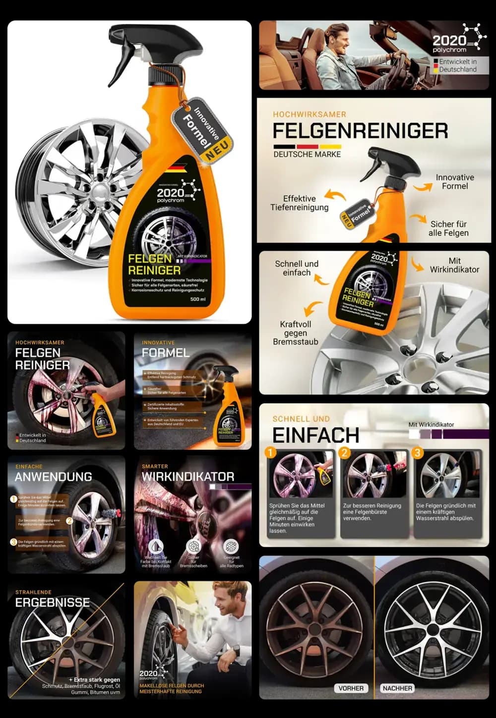 Ein Felgenreiniger der Marke 2020 polychrom wird in einem detaillierten Bild-Set präsentiert. Es zeigt die Sprayflasche, Anwendungsbeispiele auf verschiedenen Felgentypen und die Vorher-Nachher-Ergebnisse. Grafiken heben die Eigenschaften wie die innovative Formel, die effektive Tiefenreinigung und den Wirkindikator, der die Farbe des Reinigers ändert, hervor. Ein Mann in einem Auto wird ebenfalls gezeigt.