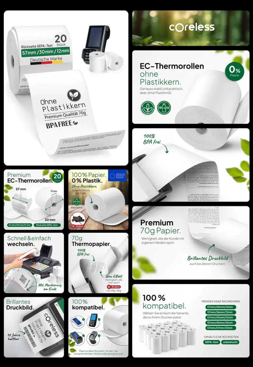 coreless EC-Thermopapierrollen, 100% plastikfrei, BPA-frei, in 20er-Packung.