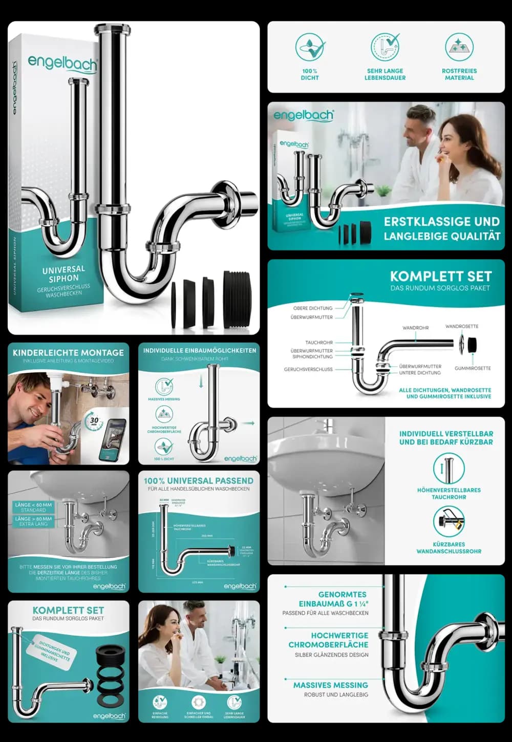engelbach Universal Siphon aus Edelstahl für Waschbecken, mit Geruchsverschluss und einfacher Montage.