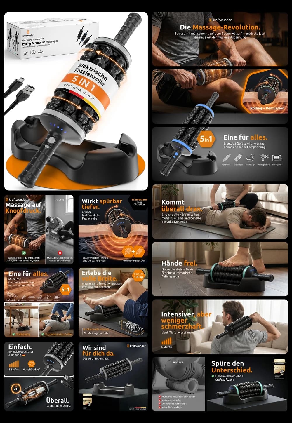 Kraftwunder elektrische Faszienrolle 5-in-1 – Vibrationsrolle mit Ladestation für effektive Muskelregeneration und Faszientraining, ideal für Sportler zur Selbstmassage und Lösung von Verspannungen nach dem Training.