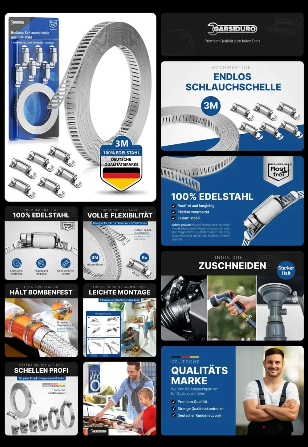 GARSIDURO Endlosschlauchschelle aus 100% Edelstahl, individuell zuschneidbar, für Schläuche, Rohre und Leitungen.