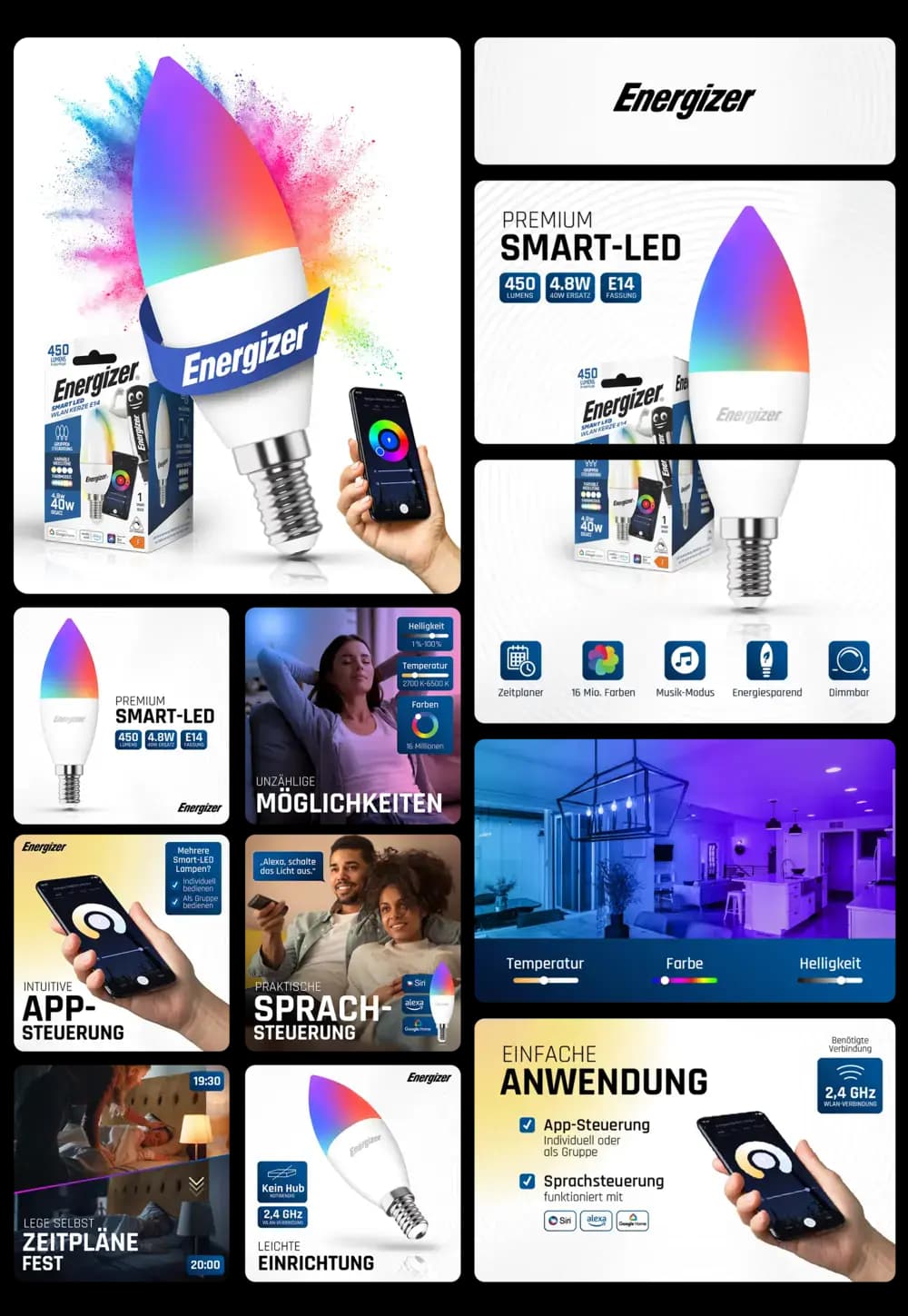 Farbwechselnde Energizer Premium Smart-LED Lampe (E14, 4.8W, 450 Lumen) mit App- und Sprachsteuerung, dimmbar, energieeffizient und kompatibel für Smart Home Systeme.