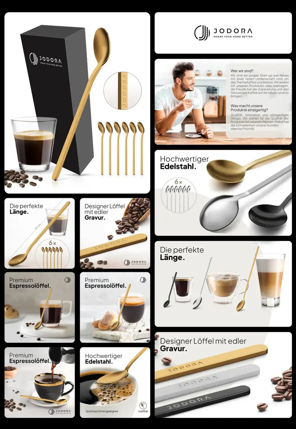 Set aus sechs hochwertigen JODORA Espressolöffeln aus goldfarbenem Edelstahl, mit eleganter Gravur, ideal für Espresso, Cappuccino und Latte Macchiato.