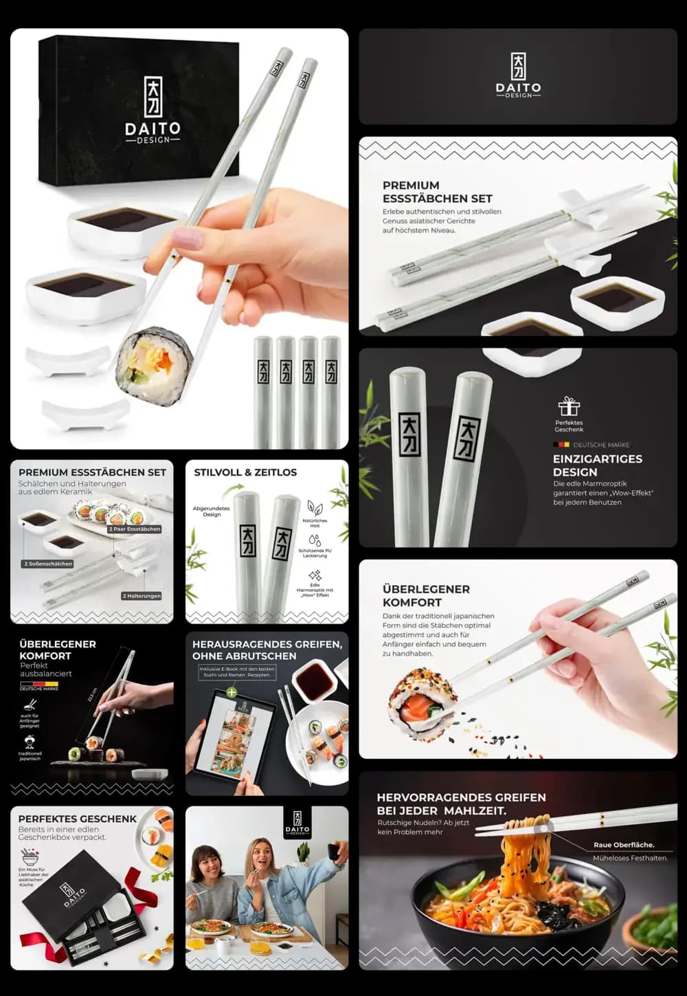 DAITO DESIGN Premium Essstäbchen Set aus Keramik und Edelstahl, mit Schälchen und Halterungen für Sushi und asiatisches Essen.